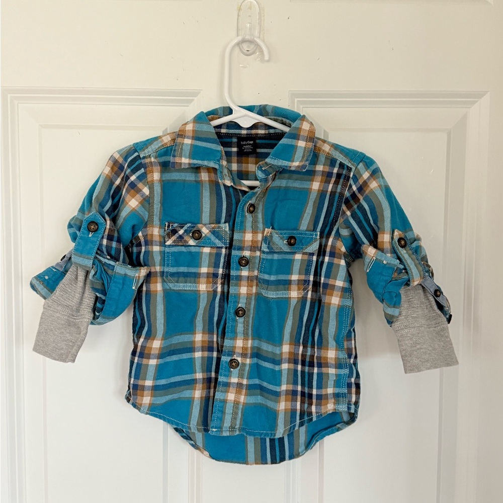 Baby Gap Blue Plaid Button Down - Flannel Layered Sleeve - Size: 12-18 months